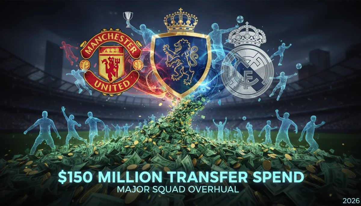 Three European club badges with 0 million transfer budget graphic for 2026 overhaul