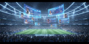 Futuristic stadium with holographic player data for 2026 European club overhaul