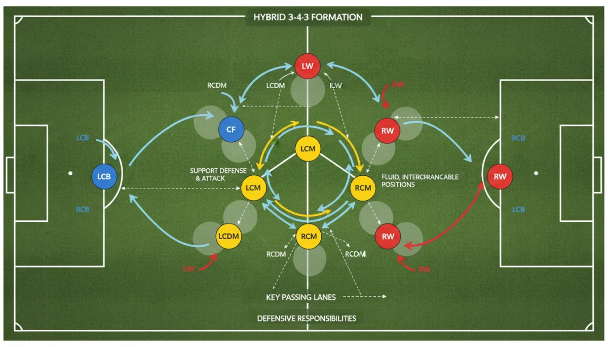 Hybrid 3-4-3 formation diagram showing player roles and movement.