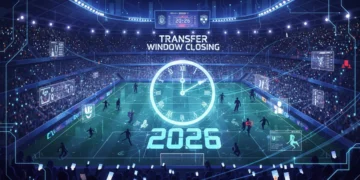 Dynamic graphic representing the 2026 summer transfer window, with player silhouettes and financial charts.