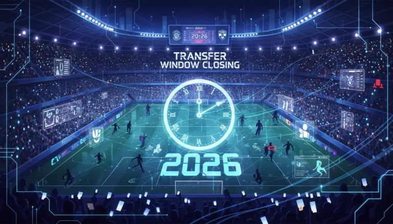 Dynamic graphic representing the 2026 summer transfer window, with player silhouettes and financial charts.