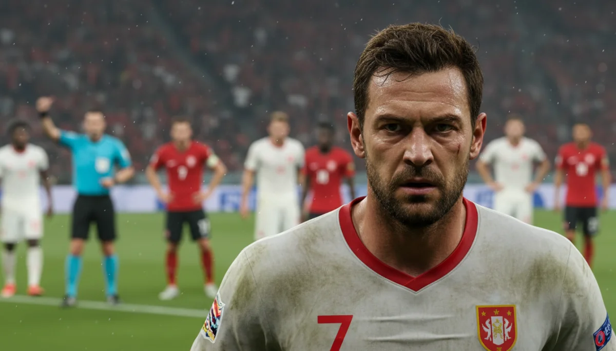 Football captain displaying intense focus and resilience during a match.