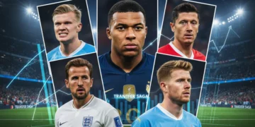 Five European football stars with contracts expiring in 2026, looking towards their potential future clubs.