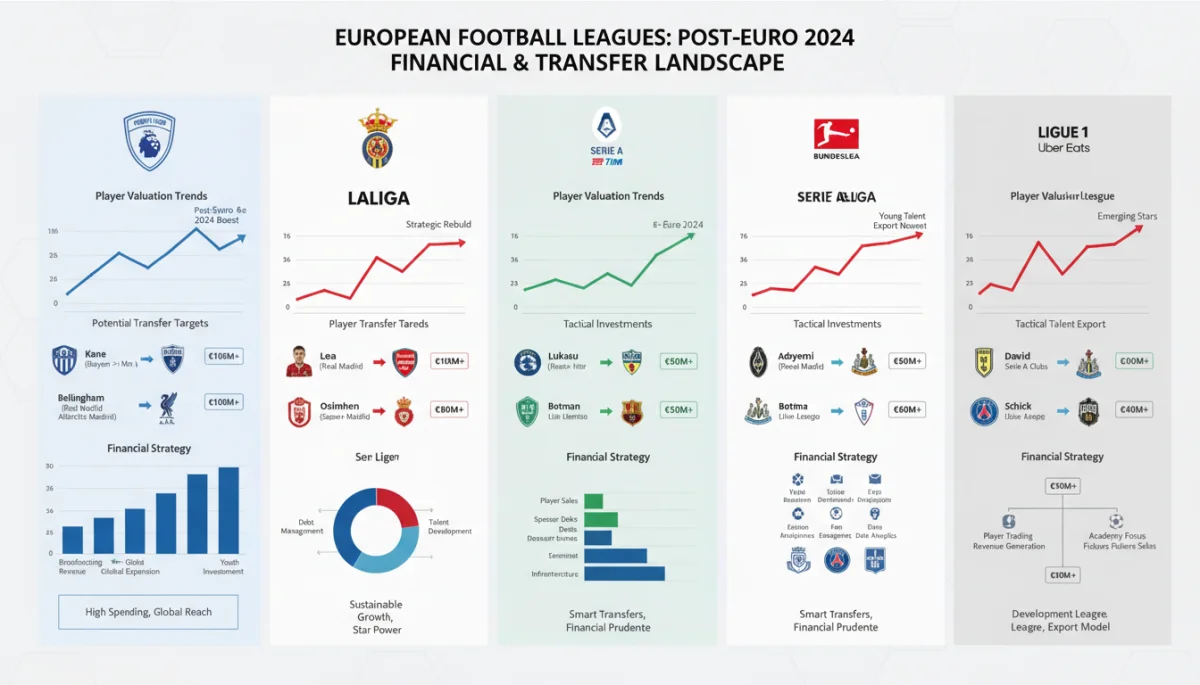 Infographic detailing player valuation trends and transfer strategies across Europe's top five football leagues post-Euro 2024.