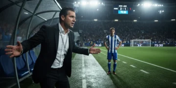 Football manager making strategic substitution during a game