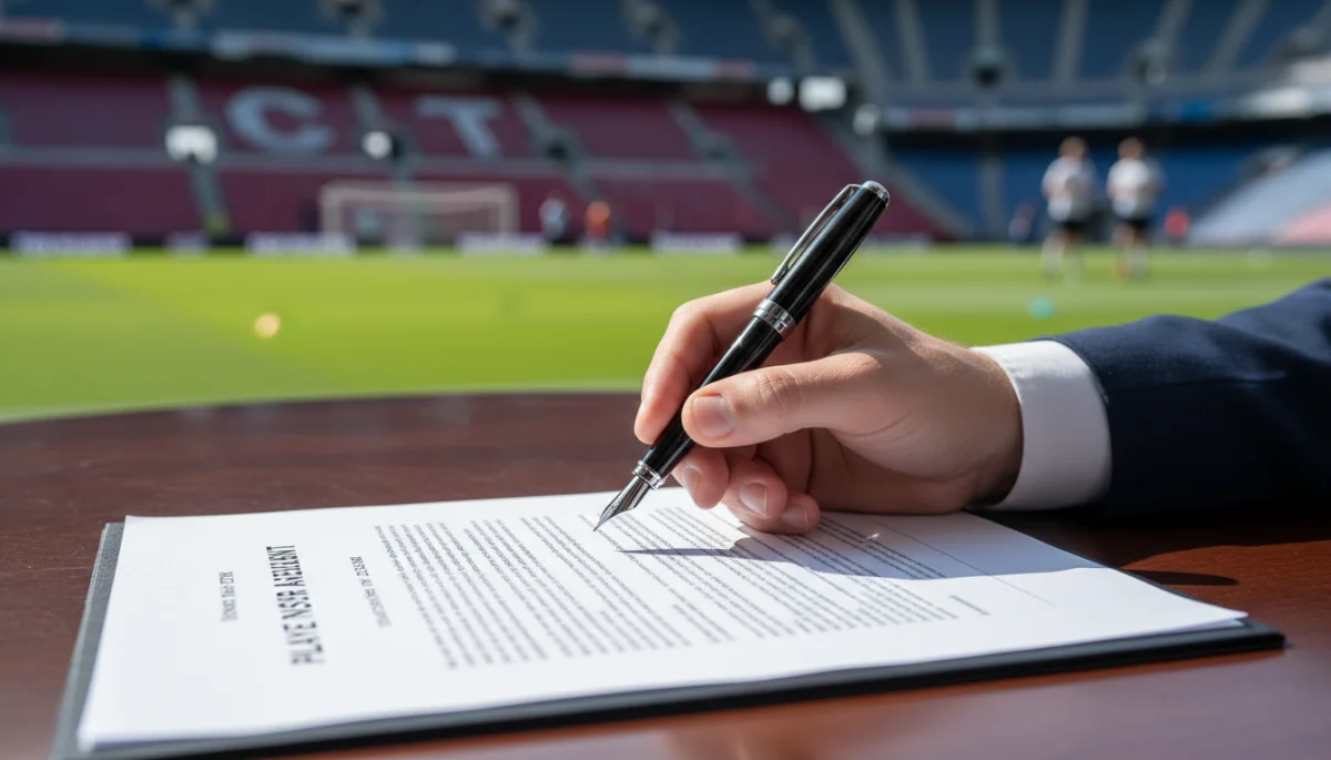 Soccer agent signing a contract, symbolizing complex transfer negotiations.