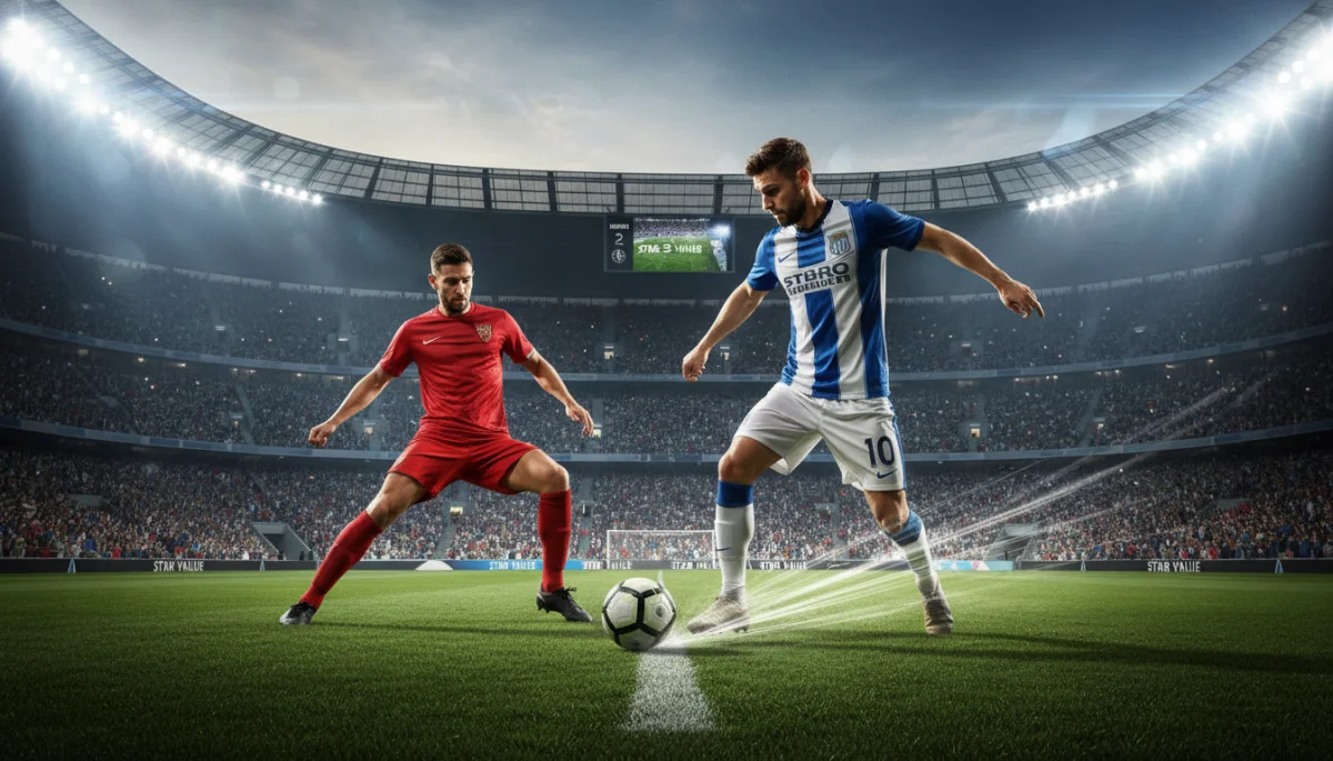 Dynamic shot of a star player on the field, symbolizing high performance and transfer market value.
