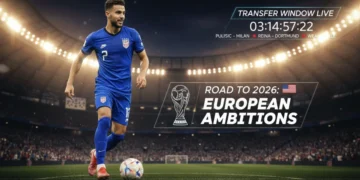 US soccer player looking towards European stadiums, symbolizing transfer market impact on 2026 World Cup.