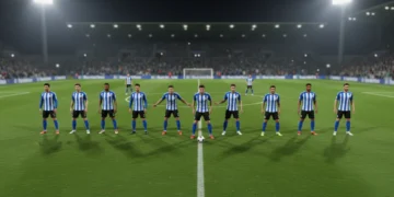 Football team demonstrating 3-5-2 formation on a lit stadium pitch