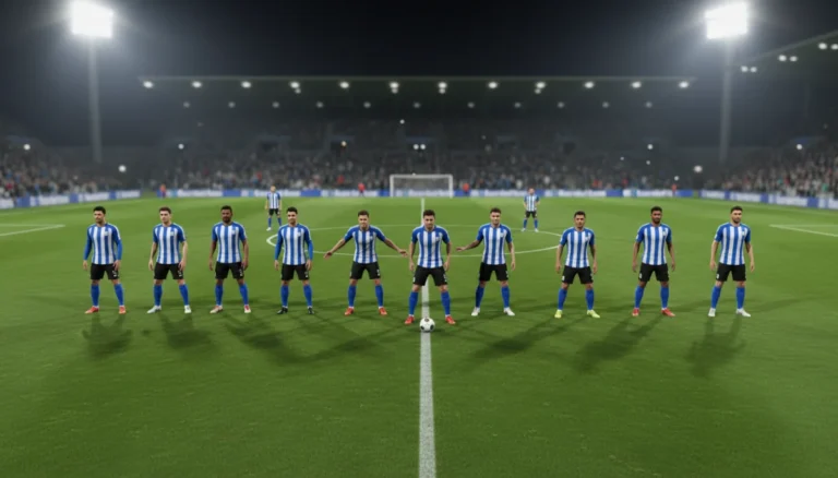 Football team demonstrating 3-5-2 formation on a lit stadium pitch