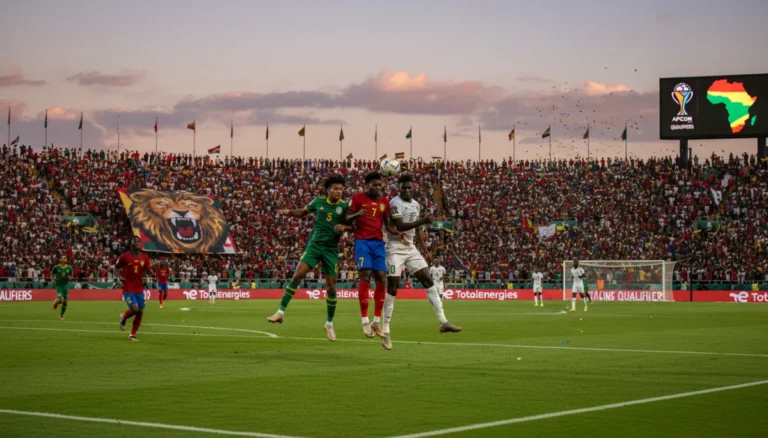 Dynamic action shot from an AFCON qualifier, showcasing player intensity and fan excitement.