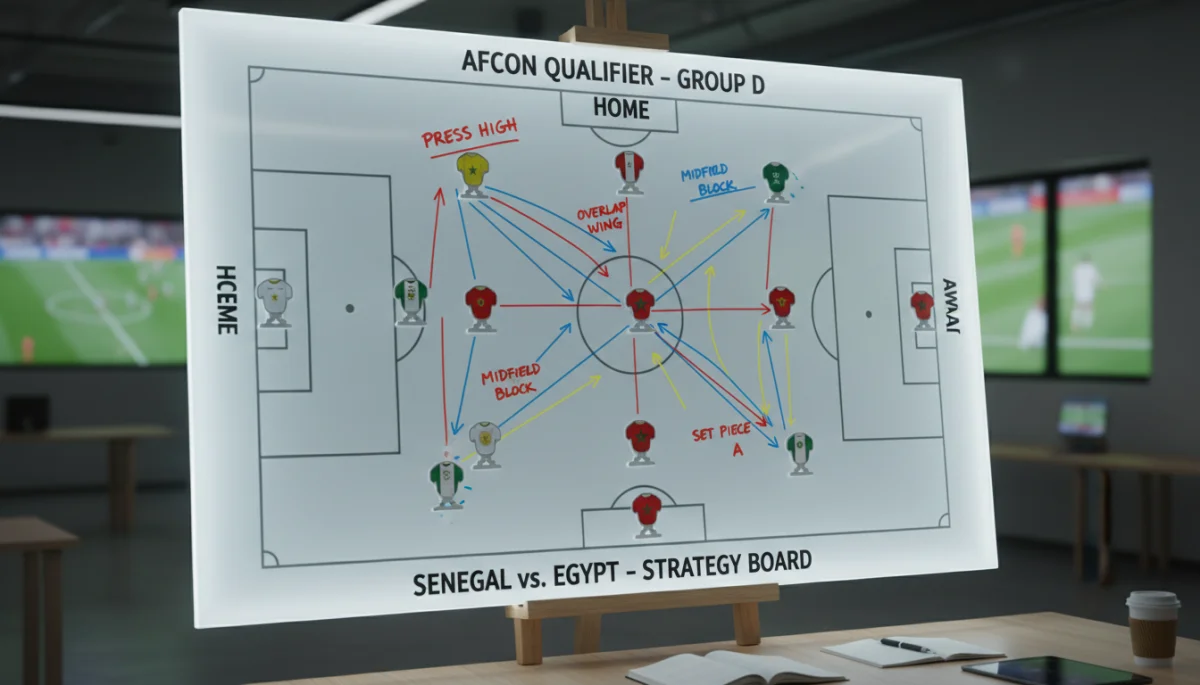 Tactical analysis board for an AFCON qualifier, illustrating strategic planning and player positioning.