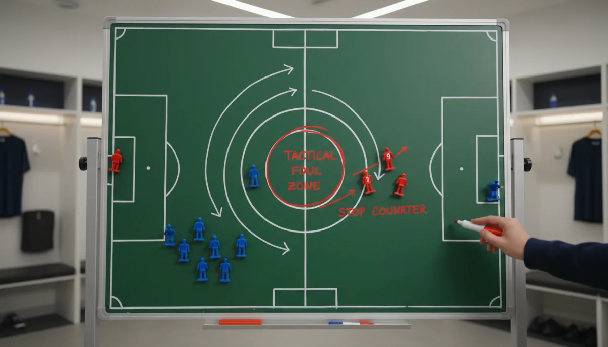 Tactical board illustrating strategic positioning for a defensive foul to disrupt opponent's attack.