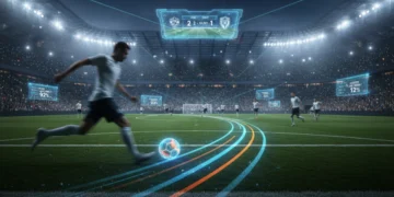 Dynamic European football stadium with data overlays showing assist trajectories and player stats, predicting top playmakers by 2026.