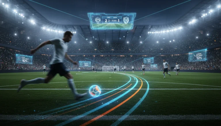 Dynamic European football stadium with data overlays showing assist trajectories and player stats, predicting top playmakers by 2026.