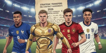 Four European football players shaking hands over a pre-contract agreement document, symbolizing strategic transfer moves for 2026.
