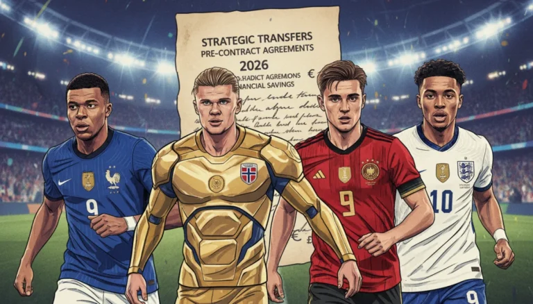 Four European football players shaking hands over a pre-contract agreement document, symbolizing strategic transfer moves for 2026.