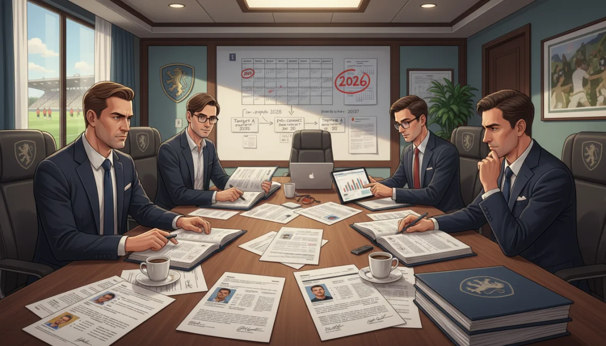 Football club executives meticulously reviewing pre-contract agreement details, emphasizing strategic planning and legal considerations.