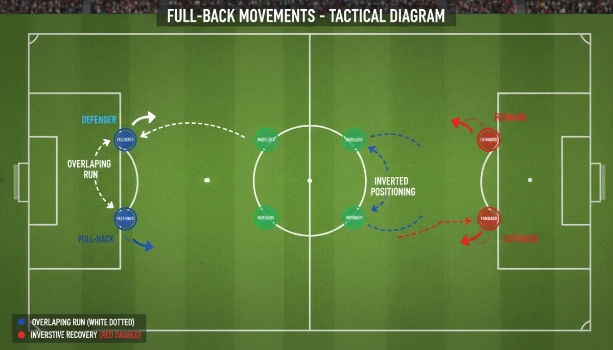 Tactical diagram showing diverse full-back movements and positioning on a football field.