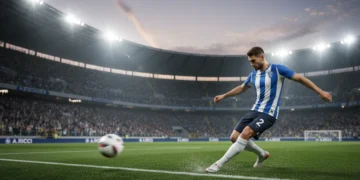 European full-back delivering a cross, embodying the modern attacking role in football.