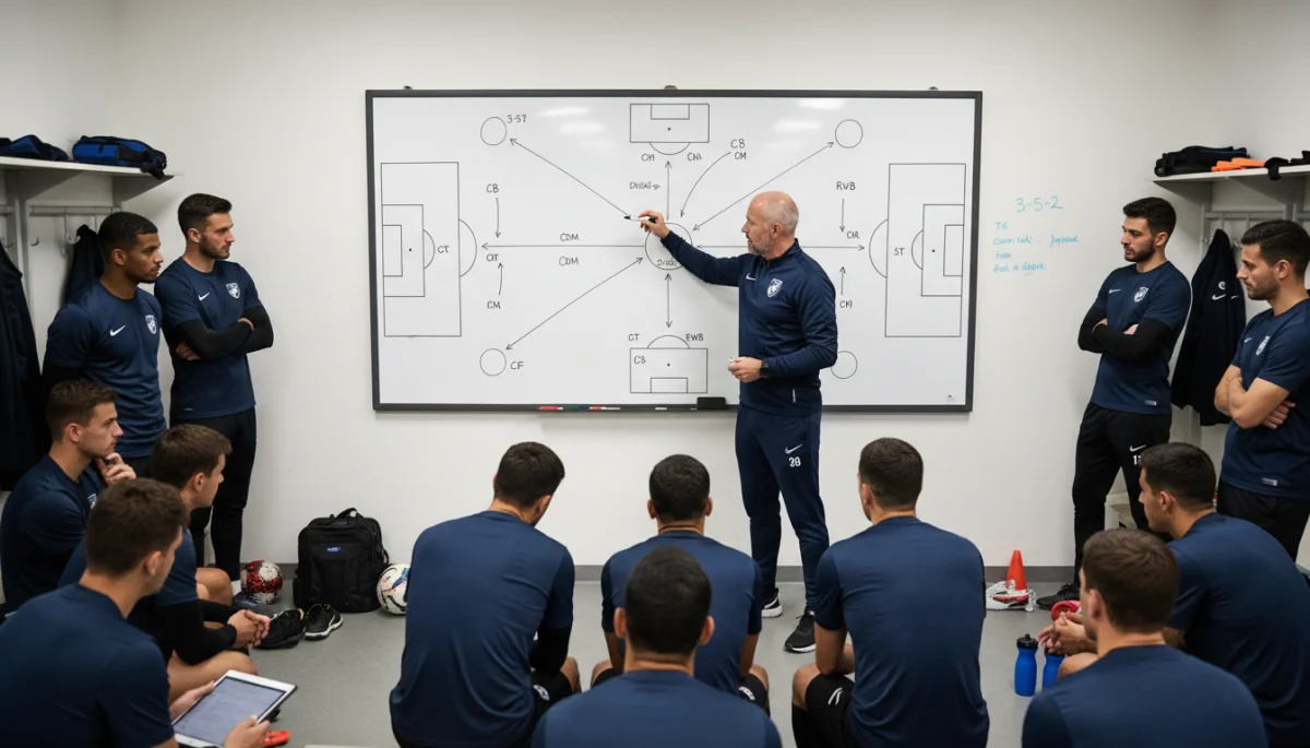 Football coach explaining 3-5-2 formation tactics on whiteboard