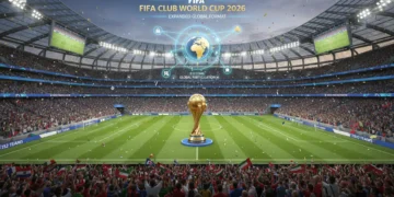Dynamic illustration of the expanded 2026 FIFA Club World Cup with 32 teams