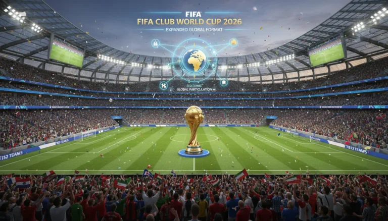 Dynamic illustration of the expanded 2026 FIFA Club World Cup with 32 teams