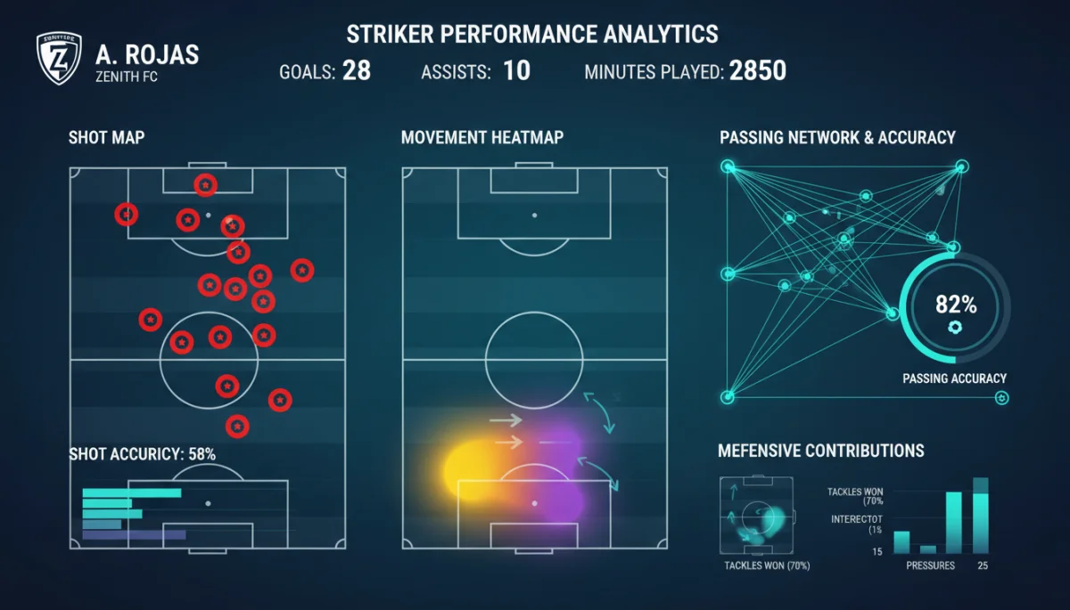 Advanced analytics and performance metrics for a high-scoring European striker, detailing shot accuracy and positional play.