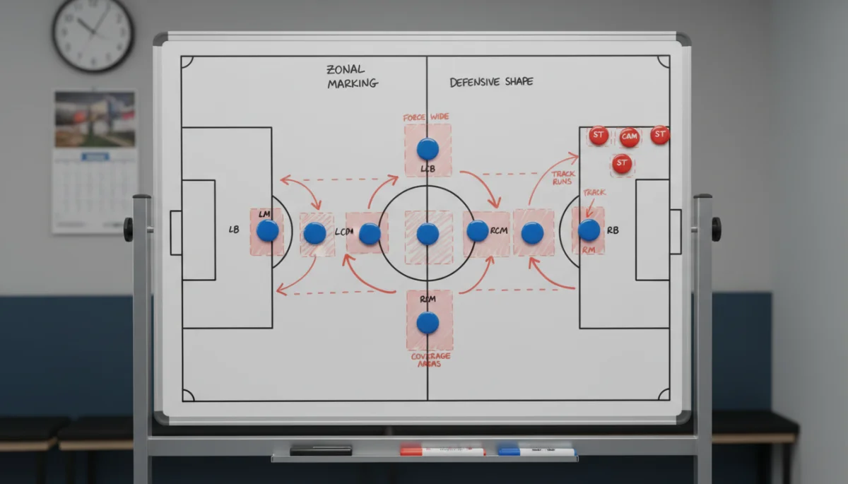 Tactical whiteboard illustrating zonal marking system and player movement.