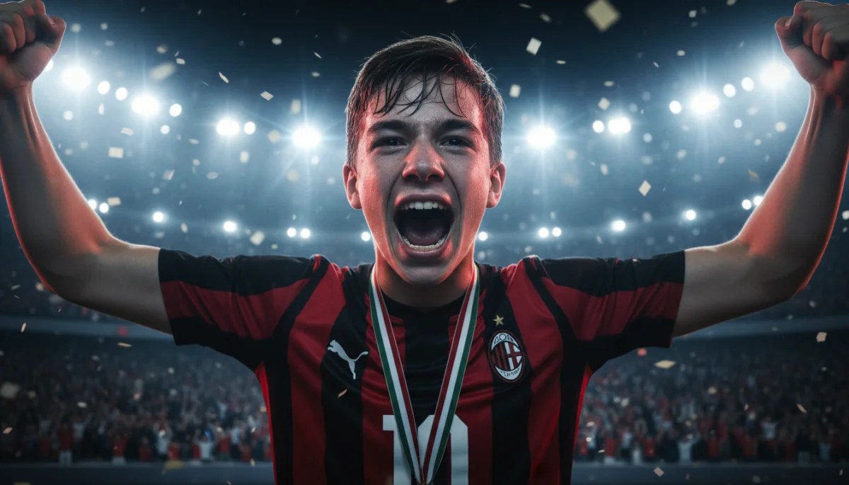 Teenage football player celebrating a goal with intense emotion