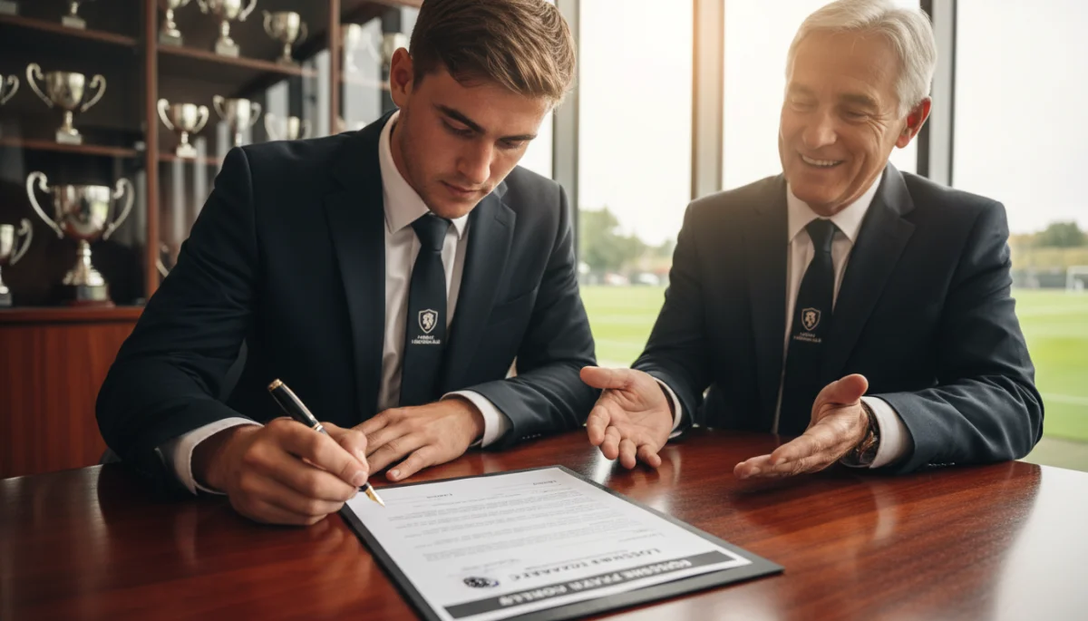 Young football player signing professional contract with club executive