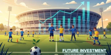 Youth academy players training with financial growth charts in background