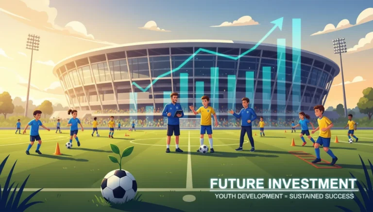 Youth academy players training with financial growth charts in background