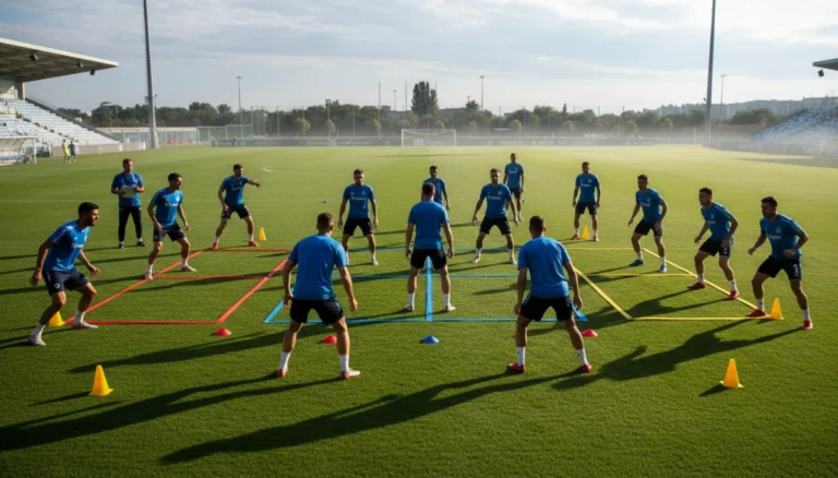 Soccer players practicing zonal marking on a training pitch, demonstrating defensive resilience.